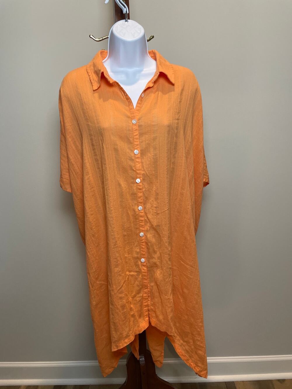 Amiani Orange Cotton Cover Up Stitched Stripes Asymmetrical Hem Buttons One Size
